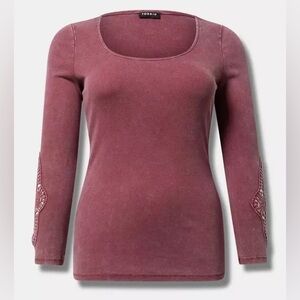 Torrid Cotton Modal Rib Scoop Neck Crochet Long Sleeve Top